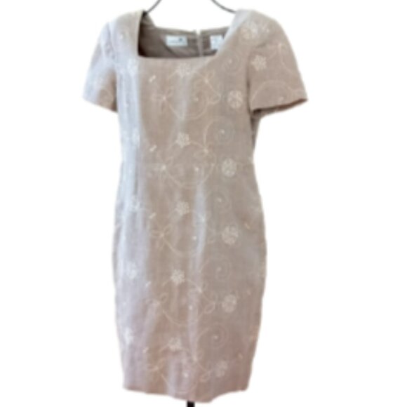 Liz Claiborne Linen Embroidered Short Sleeve Lined Career Fitted Midi Dress sz 6 - Picture 4 of 12